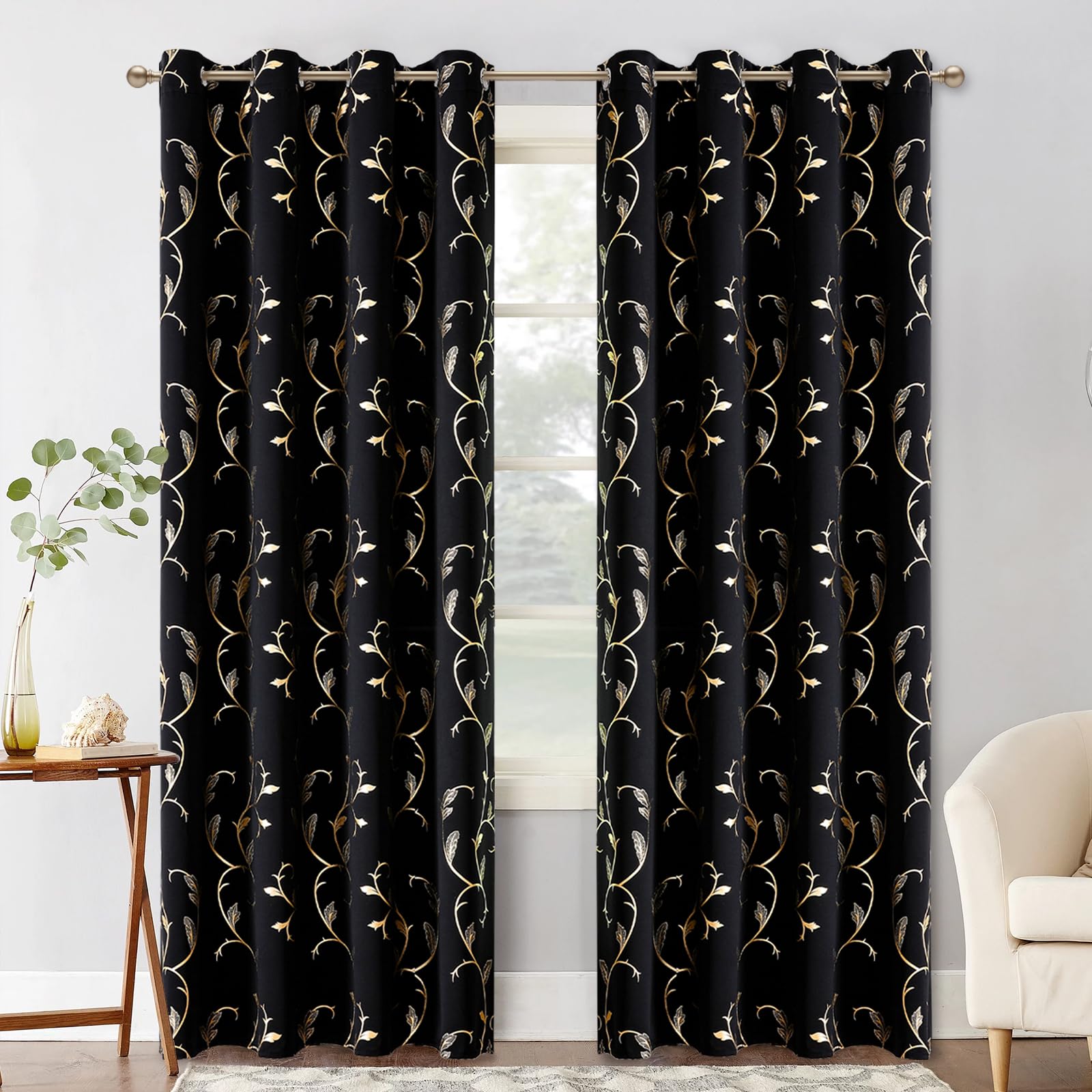 Amazon｜BUHUA ブラック遮光カーテン ゴールドウェーブライン箔